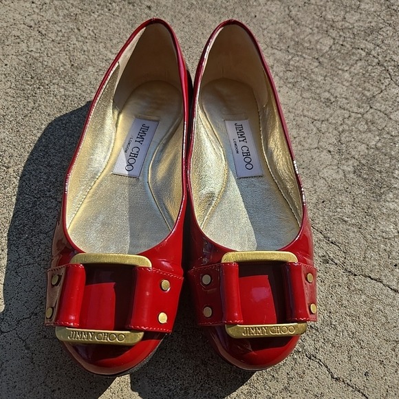 Jimmy Choo Flat Pumps Size 34.5 Red Burgundy Enamel Casual Shoes - Picture 4 of 11
